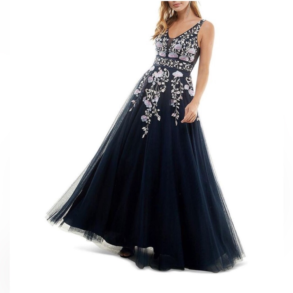 TLC Say Yes To The Prom Womens Navy Mesh Evening Dress Gown Juniors NWT